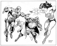 Doom taking on Flash, Wonder Woman & Iron Man